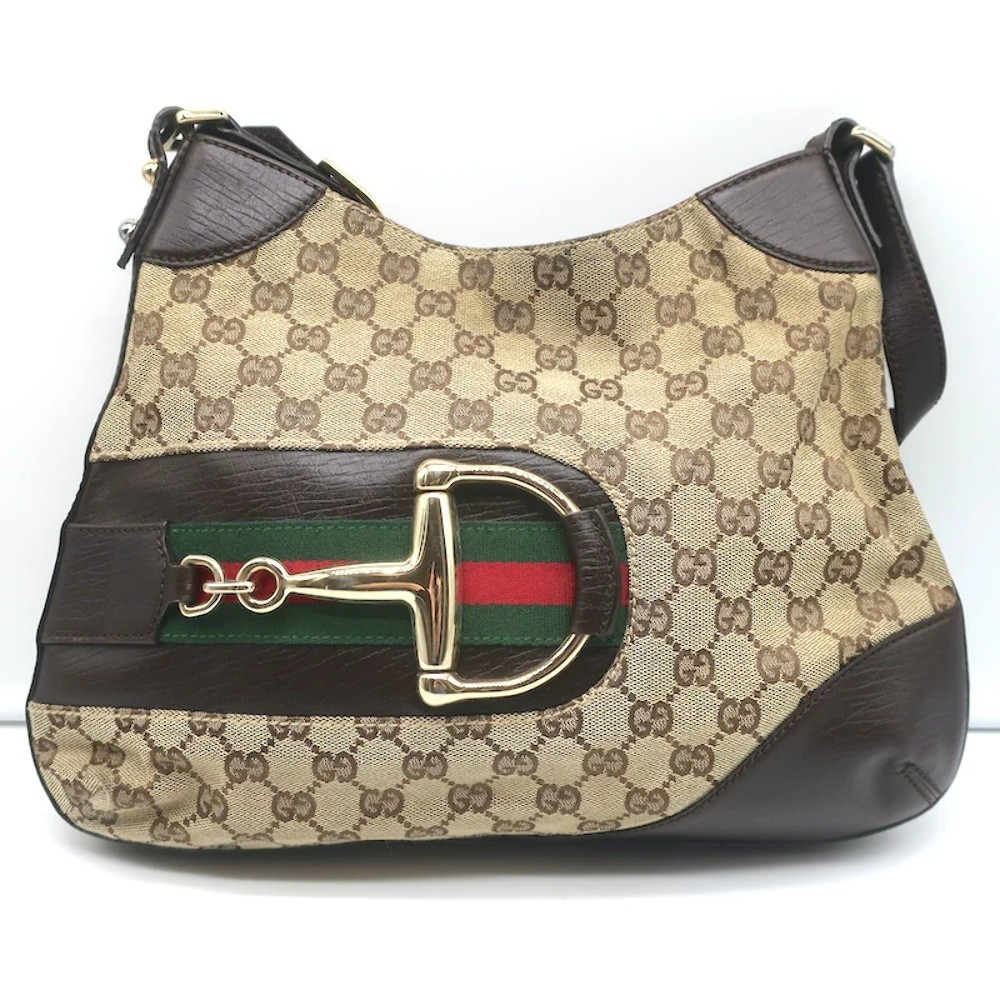 Gucci Hasler Horsebit Hobo GG Monogram Canvas & Brown Leather Shoulder Bag - Picture 2 of 12
